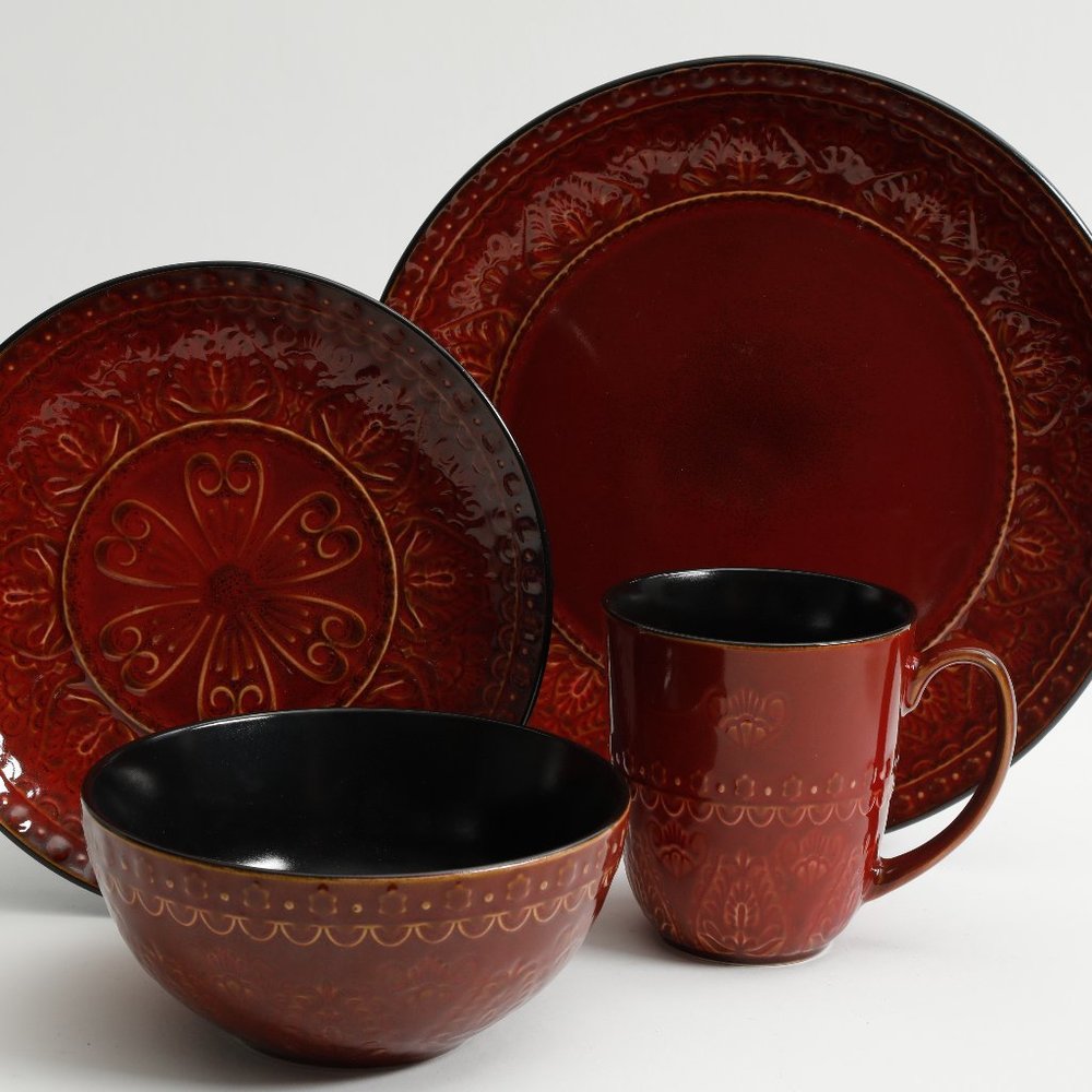 GE MILANTO - 16 PC DW SET - RED - EMBOSSED - REACTIVE - STONEWARE - W/ GBX